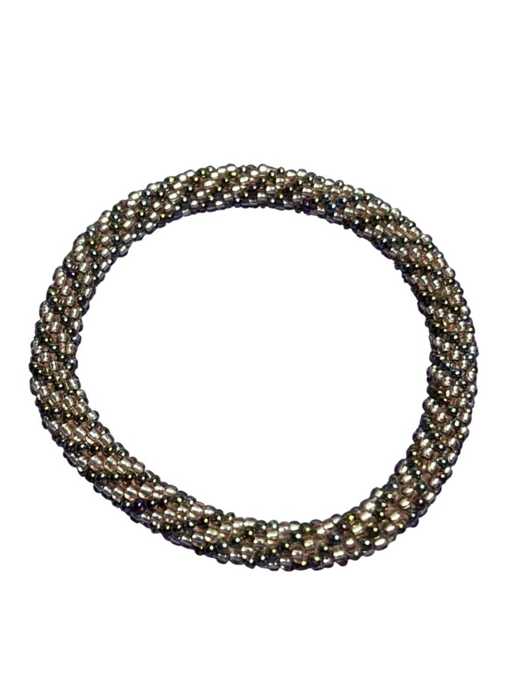 Round Roll On Seed Bead Bracelet Grey Clear 7 inches